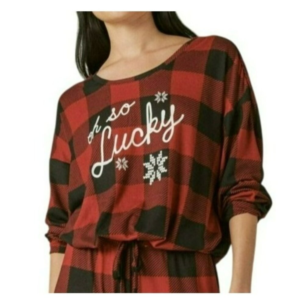 Lucky Brand Womens Red & Black Plaid Pajama Top Sz S  "Oh So Lucky" Graphic NEW